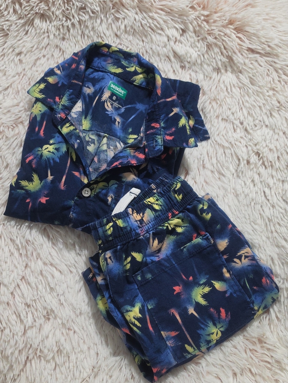 Navy Palm-Print Matching Set - Tropical Shirt & Shorts